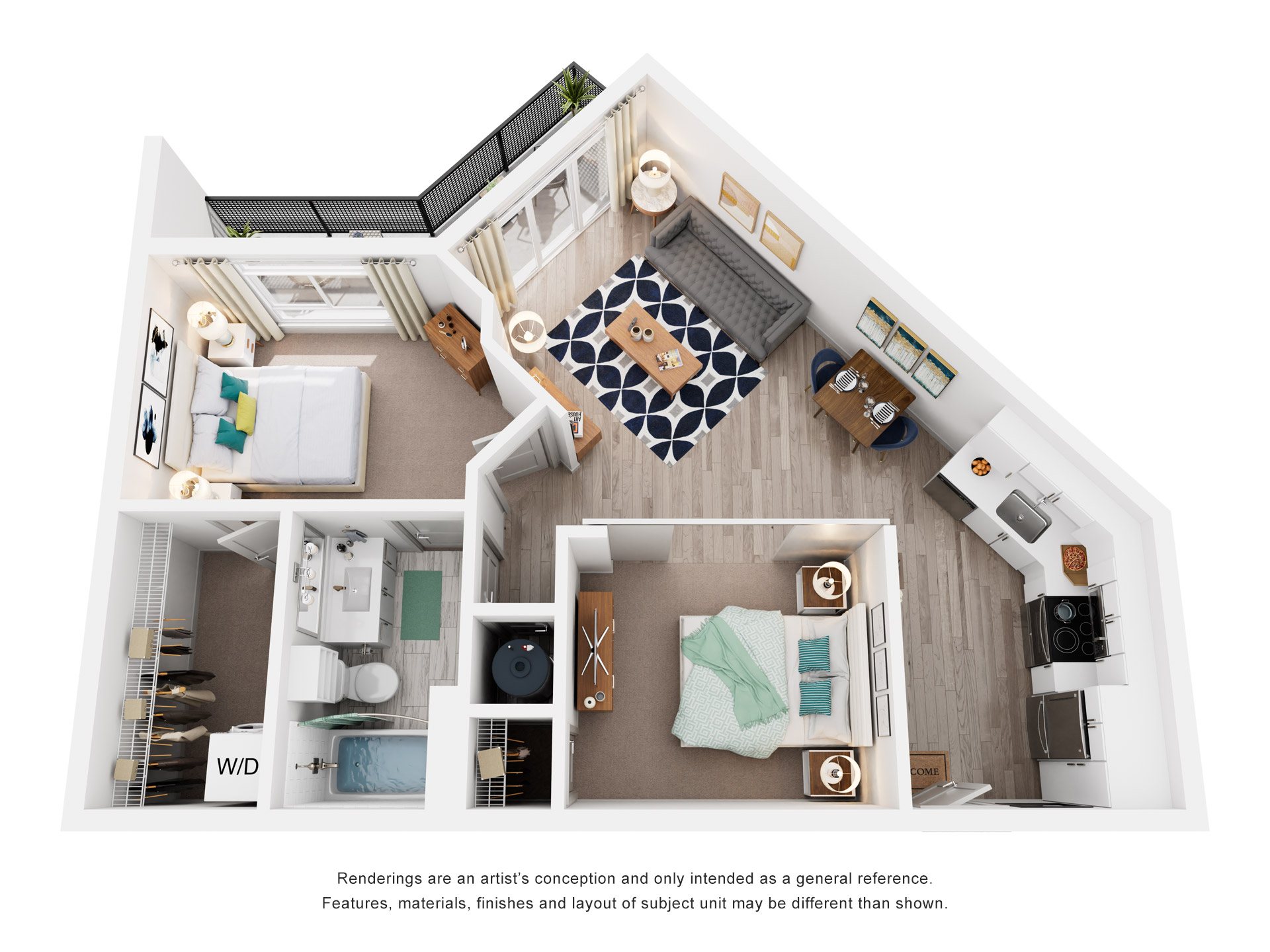 Floor plan for 1 bed, 1 bath, 858 sqft
